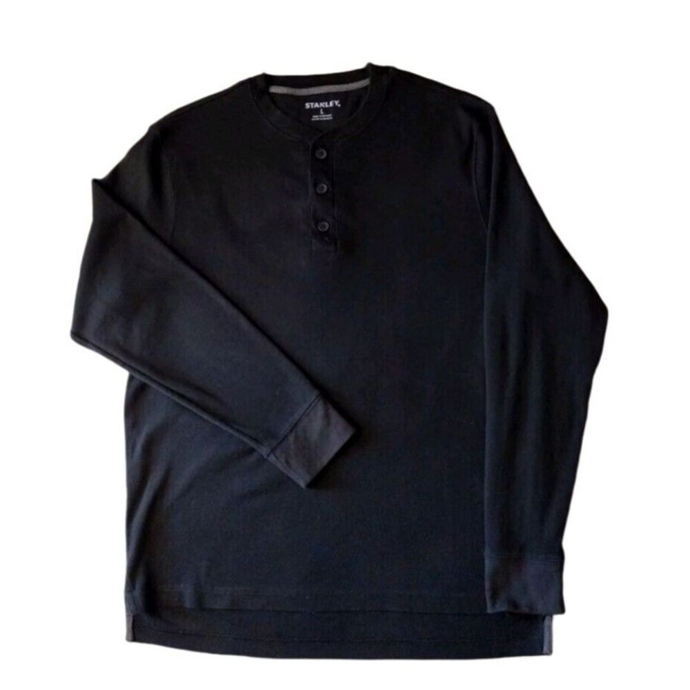 Stanley‎ T Shirt Men's Large Black Workwear Henley Neck 3 Buttons Long Sleeves